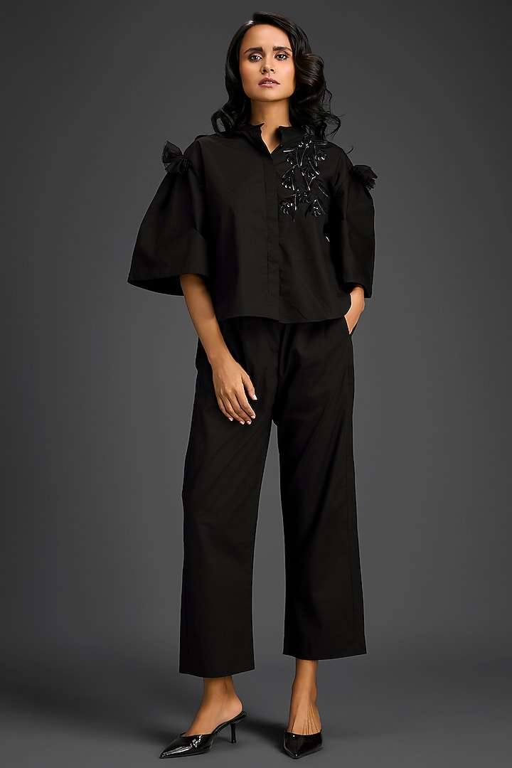 Black Cotton 3D Embellished Co-Ord Set by Deepika Arora at Pernia's Pop Up Shop