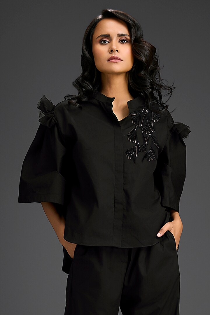 Black Cotton 3D Embellished Co-Ord Set by Deepika Arora at Pernia's Pop Up Shop