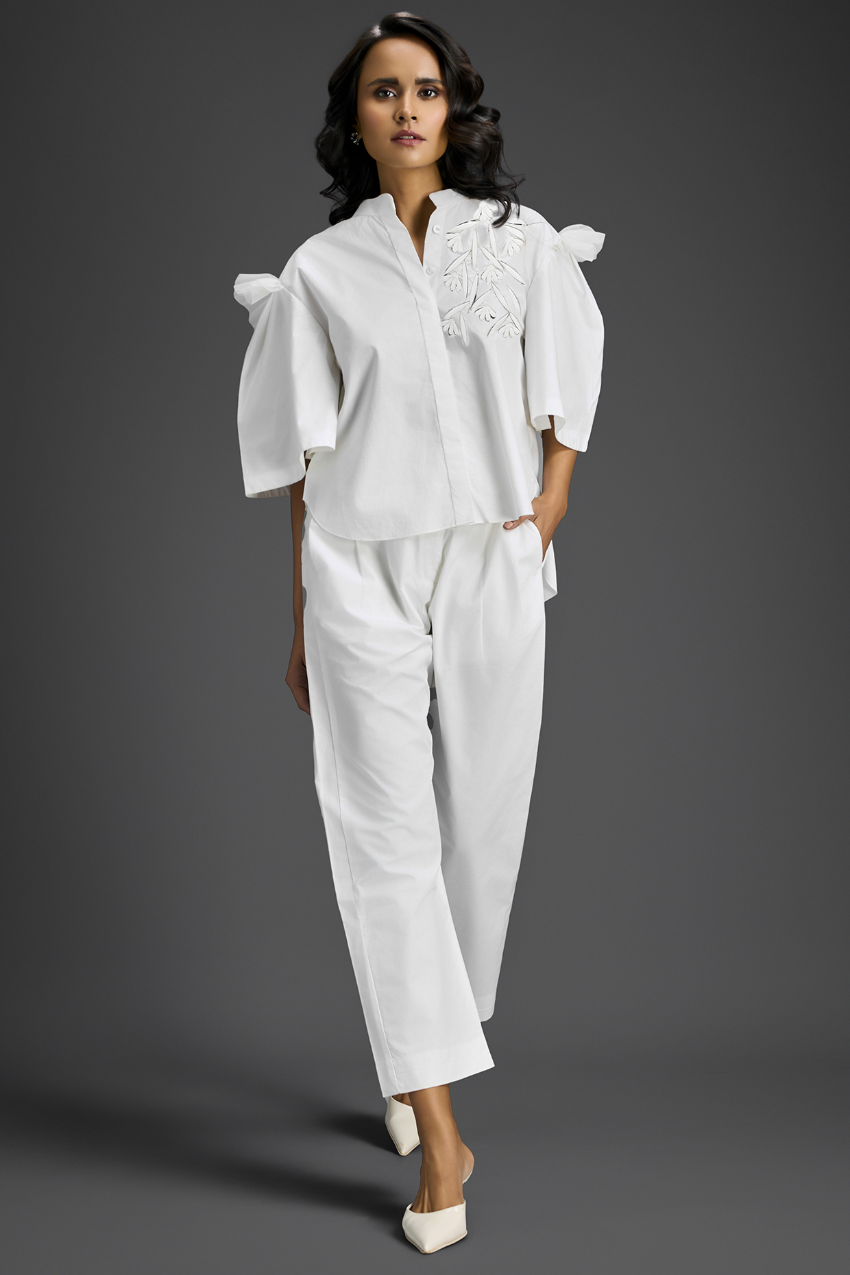White Cotton 3D Embellished Co-Ord Set by Deepika Arora at Pernia's Pop Up Shop