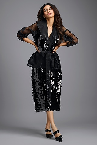 Black Sequins Midi Skirt by Deepika Arora