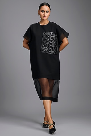 Black Ponte Roma & Organza Oversized Dress by Deepika Arora