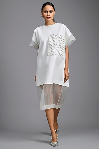 White Ponte Roma & Organza Oversized Dress by Deepika Arora