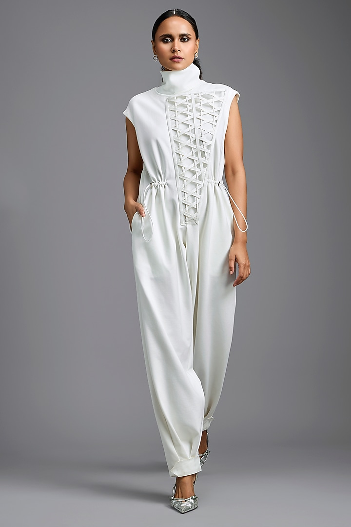 White Ponte Roma Jumpsuit by Deepika Arora at Pernia's Pop Up Shop
