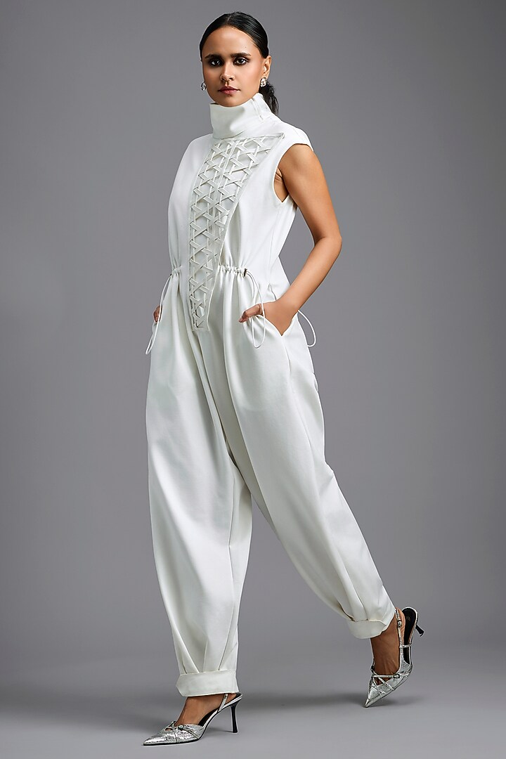 White Ponte Roma Jumpsuit by Deepika Arora at Pernia's Pop Up Shop
