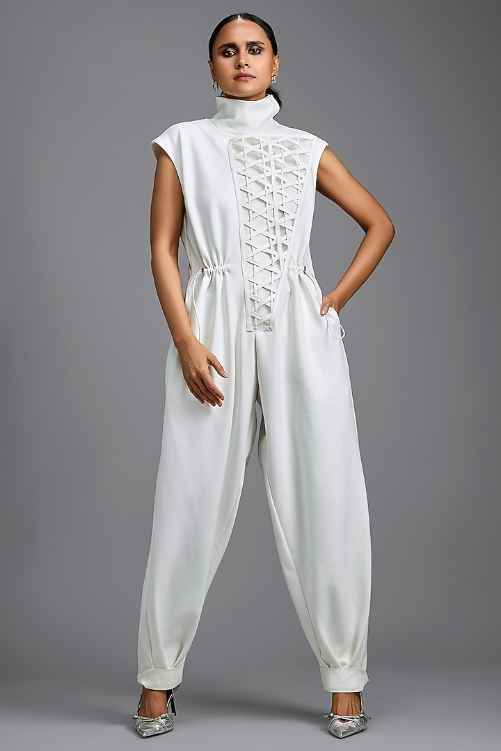 White Ponte Roma Jumpsuit by Deepika Arora at Pernia's Pop Up Shop