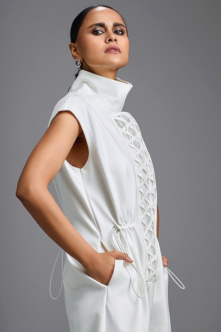 White Ponte Roma Jumpsuit by Deepika Arora at Pernia's Pop Up Shop