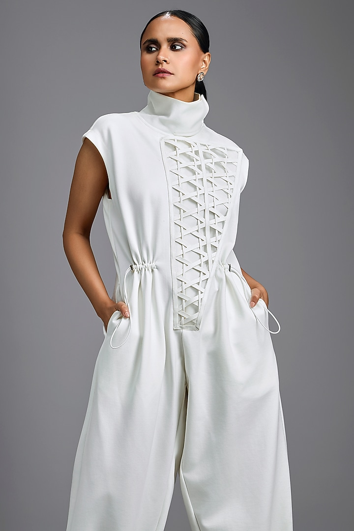 White Ponte Roma Jumpsuit by Deepika Arora at Pernia's Pop Up Shop