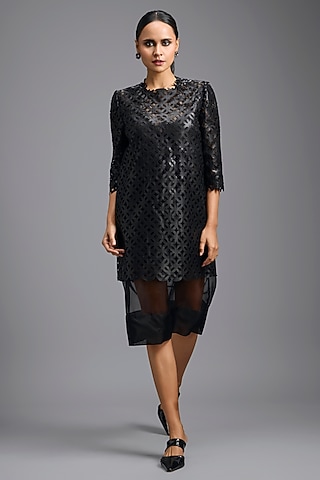 Black Leather & Pure Organza Dress by Deepika Arora