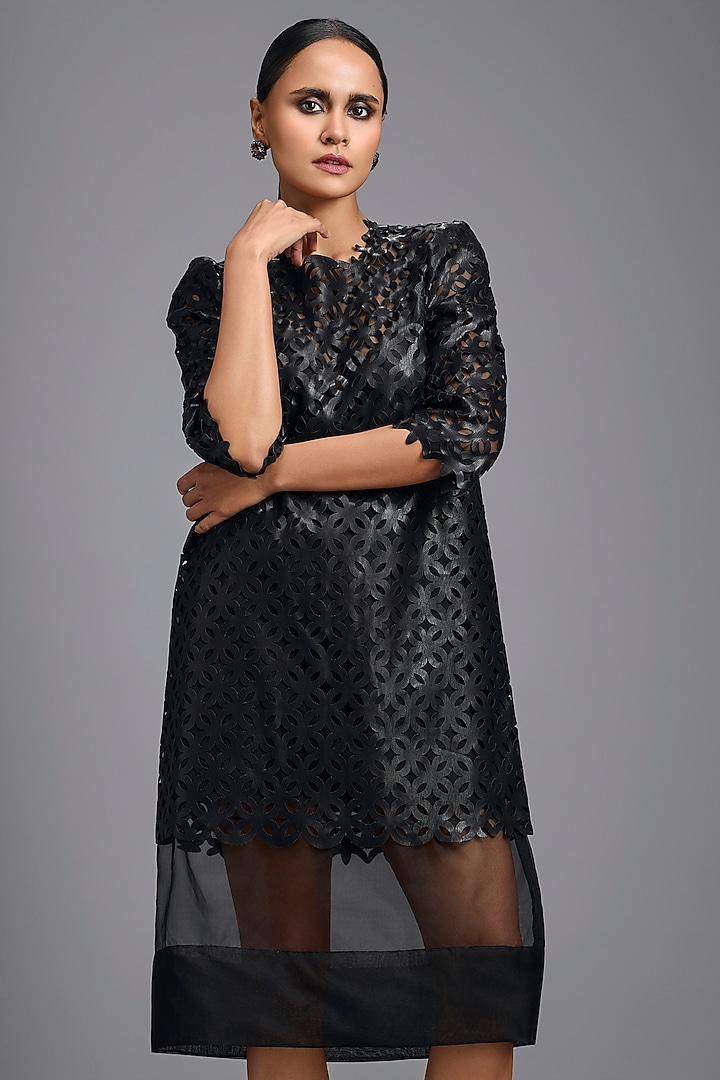 Black Leather & Pure Organza Vacation Dress by Deepika Arora at Pernia's Pop Up Shop