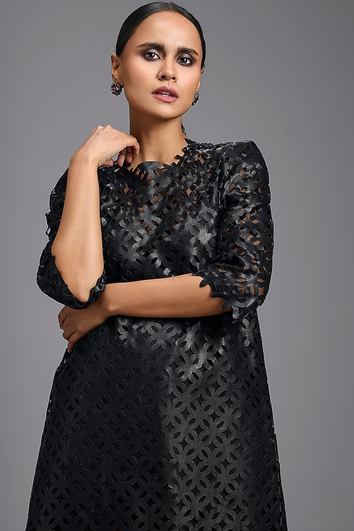 Black Leather & Pure Organza Vacation Dress by Deepika Arora at Pernia's Pop Up Shop