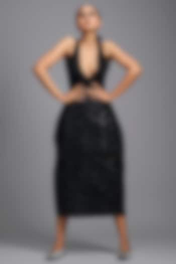 Black Woven Leather Midi Skirt by Deepika Arora at Pernia's Pop Up Shop