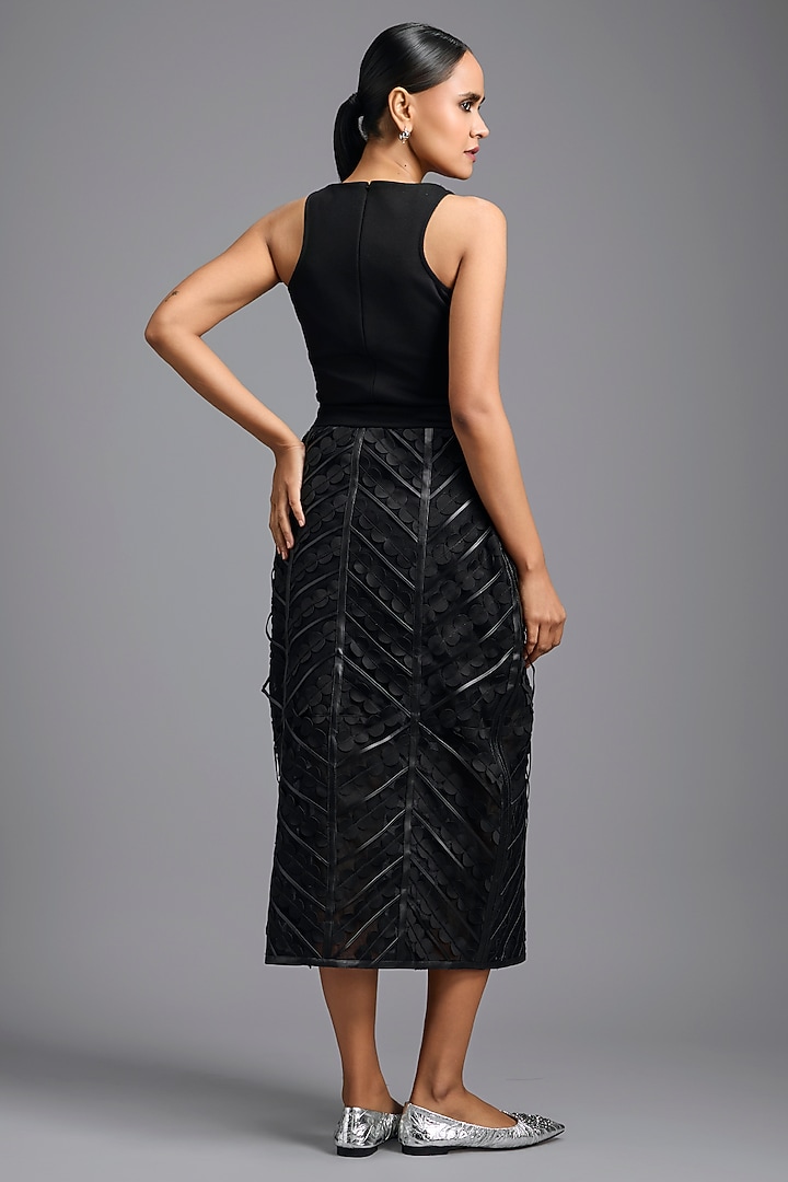 Black Woven Leather Midi Skirt by Deepika Arora at Pernia's Pop Up Shop
