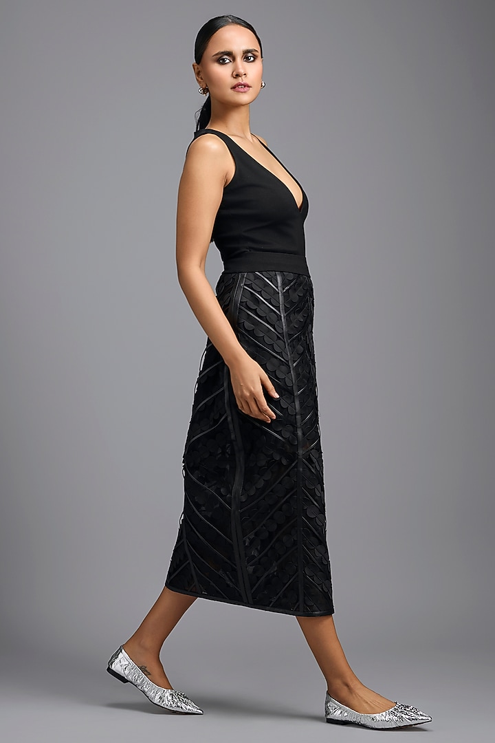 Black Woven Leather Midi Skirt by Deepika Arora at Pernia's Pop Up Shop