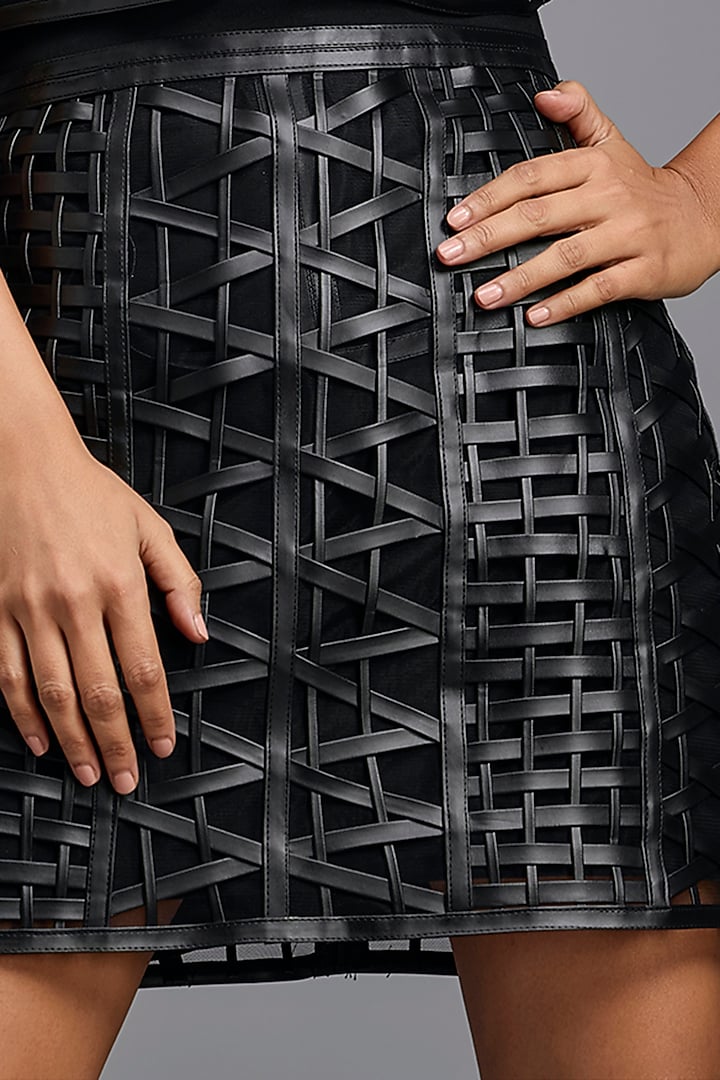 Black Woven Leather Mini Skirt by Deepika Arora at Pernia's Pop Up Shop