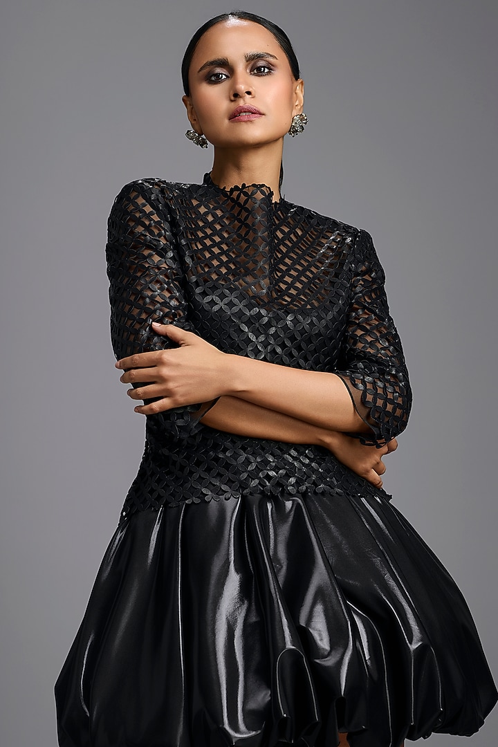 Black Pure Leather Mini Vacation Dress by Deepika Arora at Pernia's Pop Up Shop