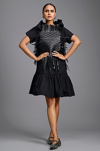 Black Parachute Ruffled Mini Dress by Deepika Arora