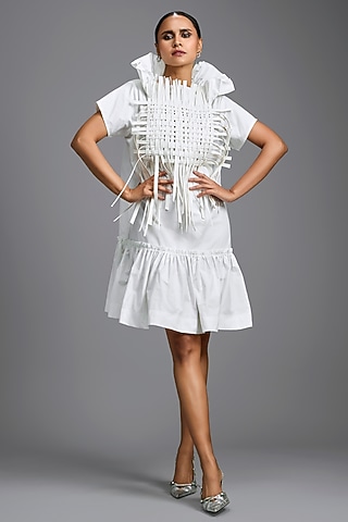 White Parachute Ruffled Mini Dress by Deepika Arora