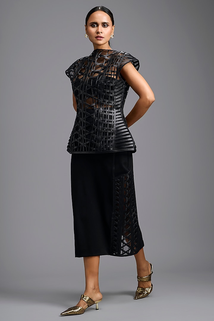 Black Ponte Roma Midi Skirt by Deepika Arora at Pernia's Pop Up Shop