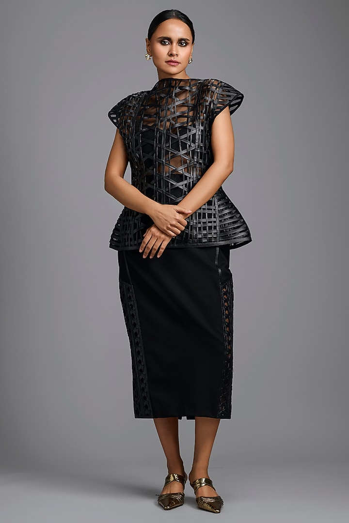 Black Ponte Roma Midi Skirt by Deepika Arora at Pernia's Pop Up Shop