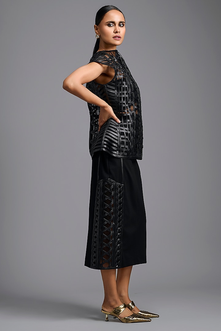Black Ponte Roma Midi Skirt by Deepika Arora at Pernia's Pop Up Shop