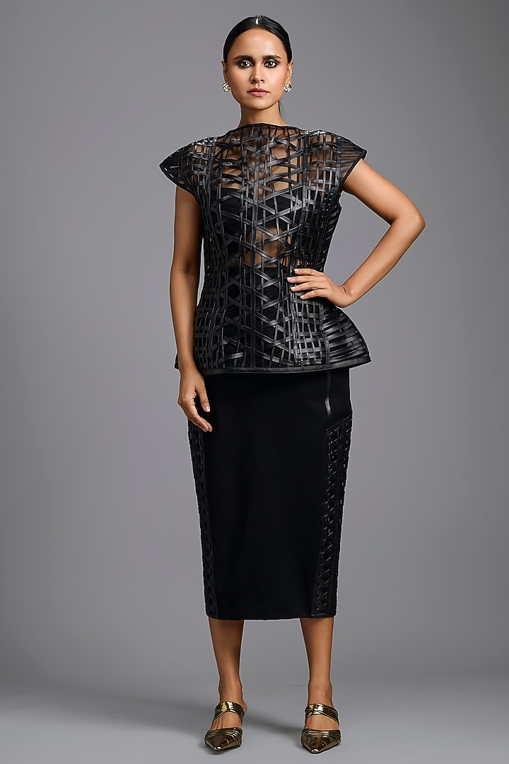 Black Woven Leather Top by Deepika Arora at Pernia's Pop Up Shop