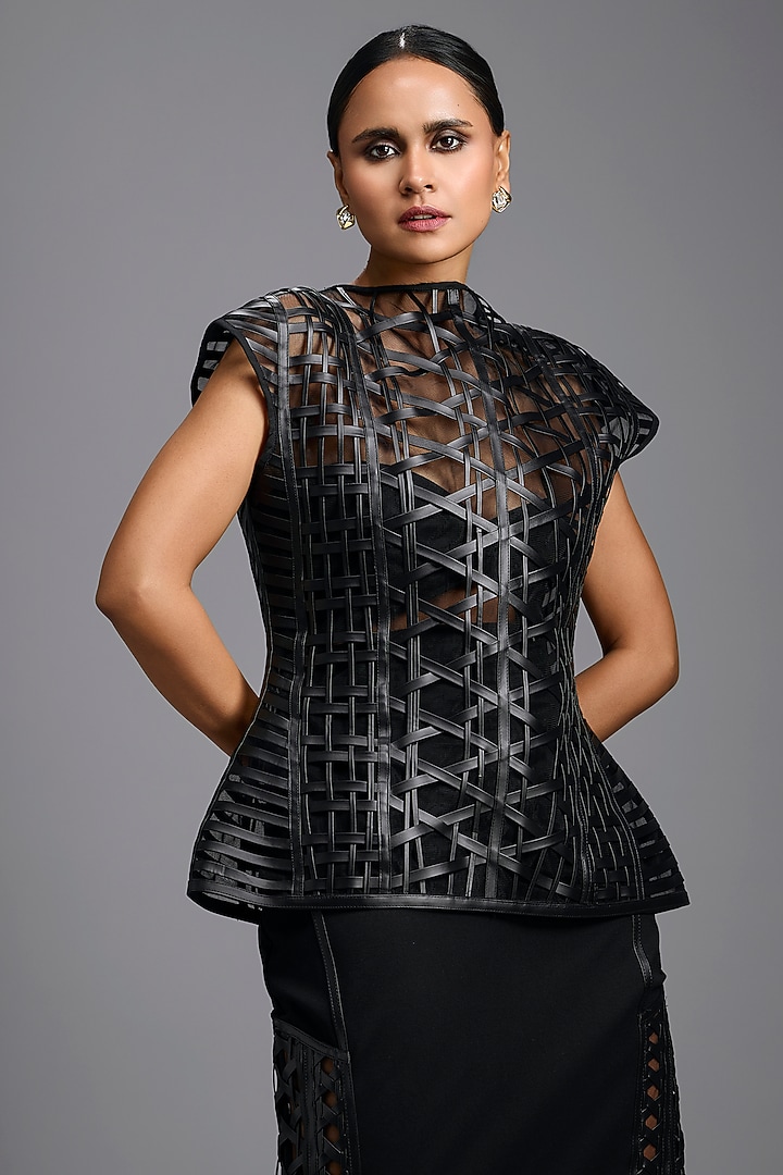 Black Woven Leather Top by Deepika Arora at Pernia's Pop Up Shop