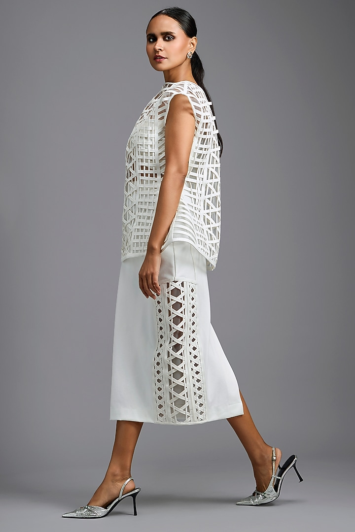 White Ponte Roma Midi Skirt by Deepika Arora at Pernia's Pop Up Shop