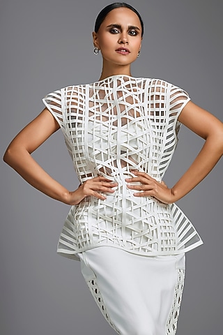 White Woven Leather Top by Deepika Arora