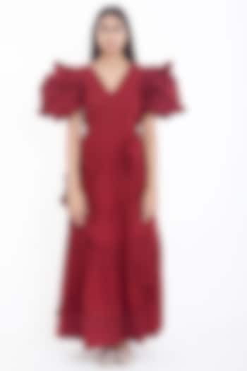 Deep Red Maxi Summer Dress With Puffed Sleeves by Deepika Arora at Pernia's Pop Up Shop