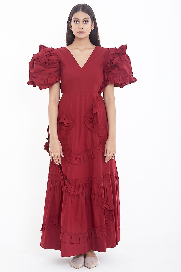 Deep Red Maxi Summer Dress With Puffed Sleeves by Deepika Arora at Pernia's Pop Up Shop