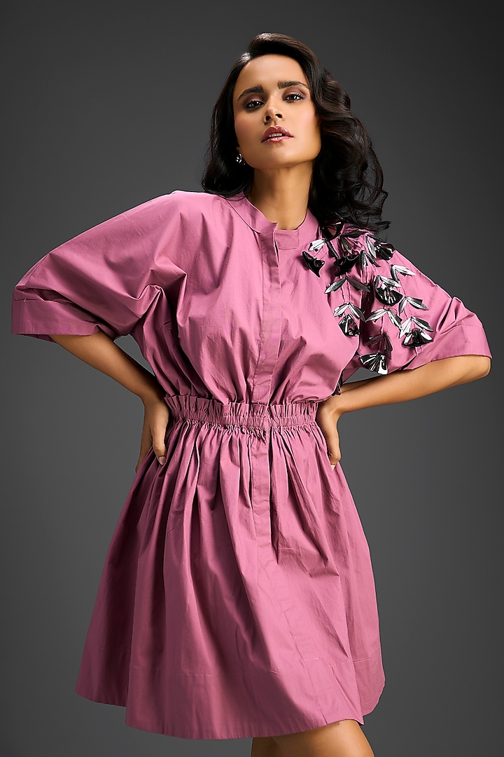Pink Cotton Floral Embroidered Mini Shift Summer Dress by Deepika Arora at Pernia's Pop Up Shop