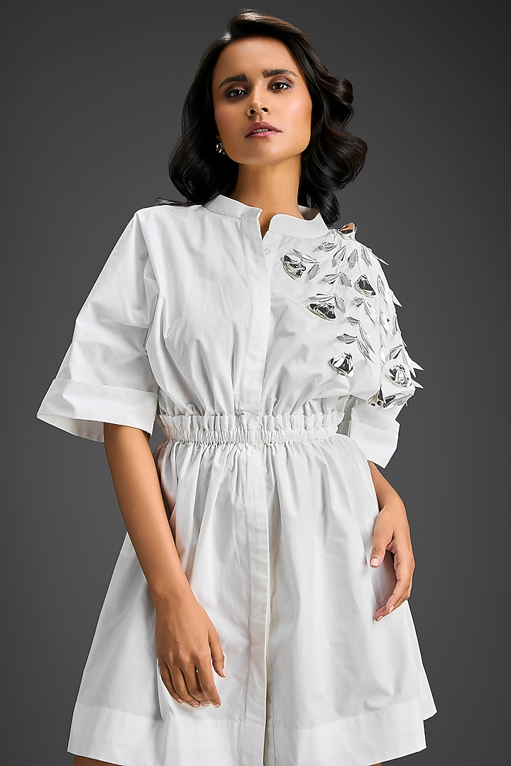 White Cotton Floral Embroidered Mini Shift Summer Dress by Deepika Arora at Pernia's Pop Up Shop