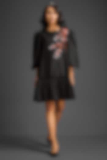 Black Cotton Floral Embroidered Mini Ruffled Vacation Dress by Deepika Arora at Pernia's Pop Up Shop