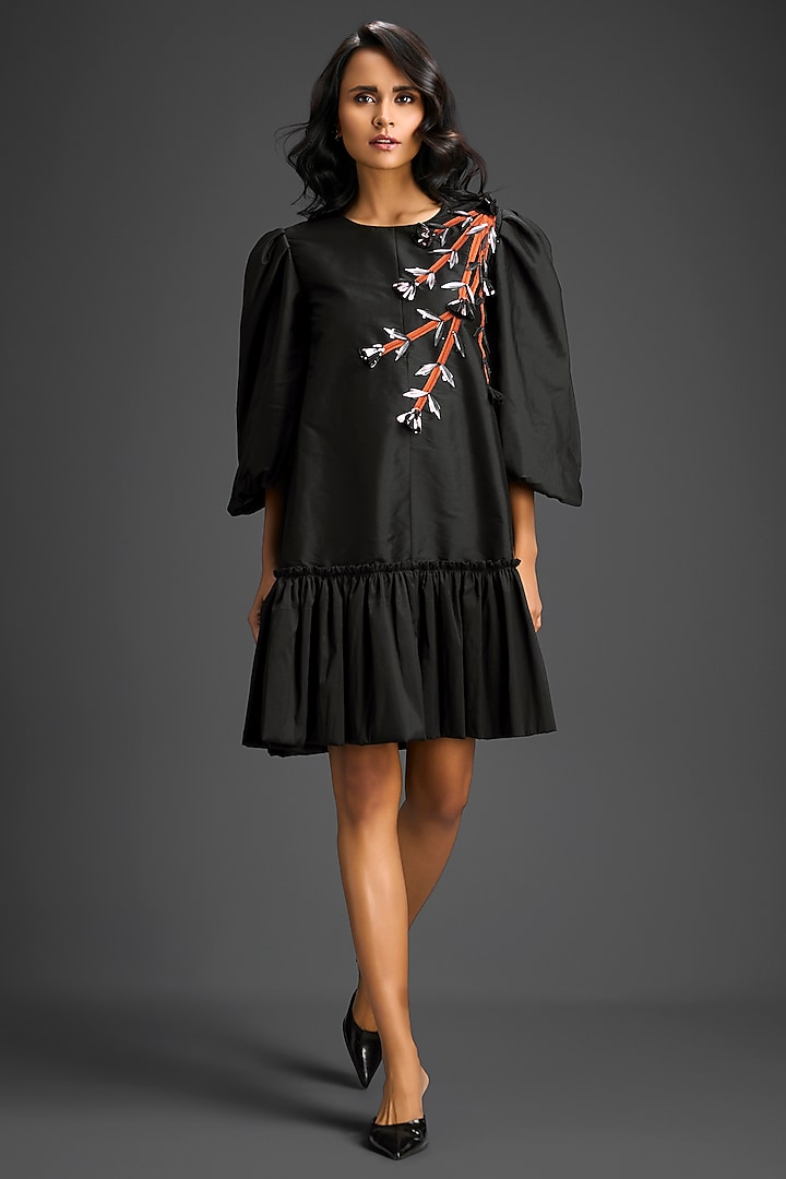 Black Cotton Floral Embroidered Mini Ruffled Vacation Dress by Deepika Arora at Pernia's Pop Up Shop