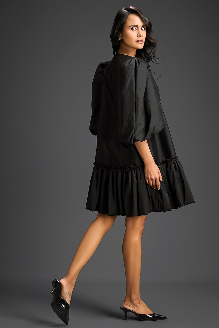 Black Cotton Floral Embroidered Mini Ruffled Vacation Dress by Deepika Arora at Pernia's Pop Up Shop
