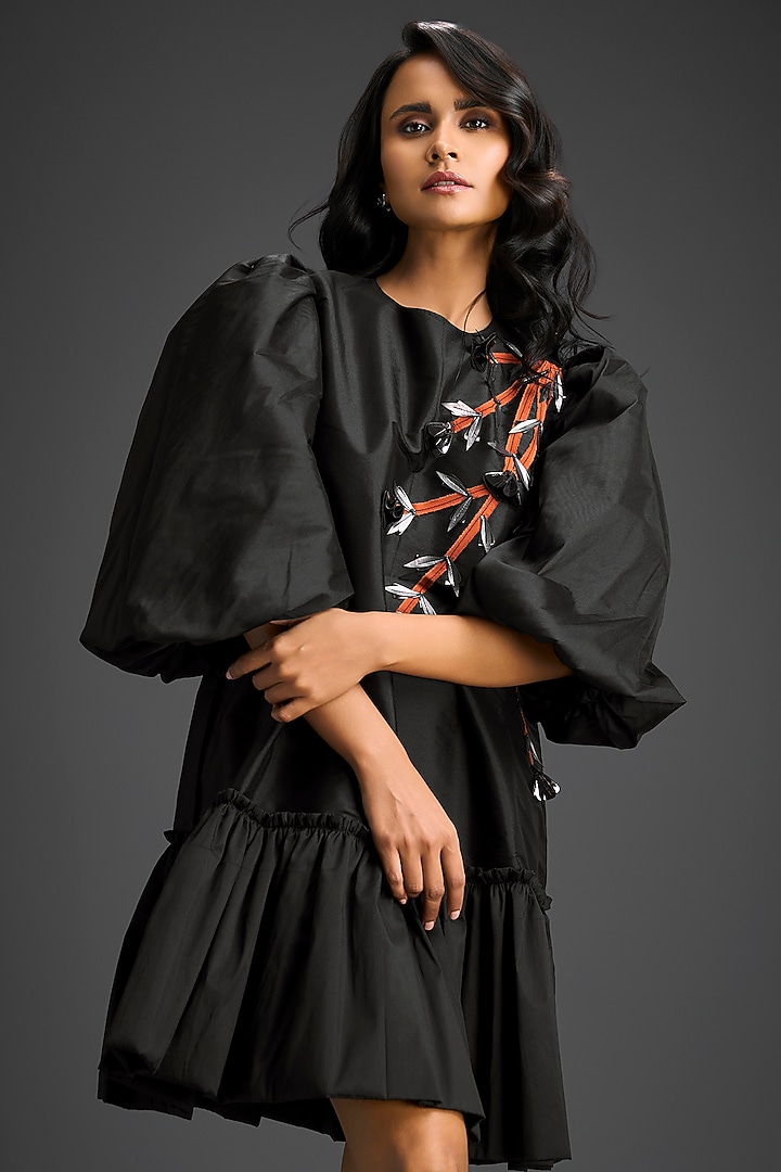 Black Cotton Floral Embroidered Mini Ruffled Vacation Dress by Deepika Arora at Pernia's Pop Up Shop