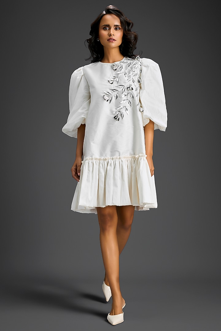 White Cotton Floral Embroidered Mini Ruffled Vacation Dress by Deepika Arora at Pernia's Pop Up Shop