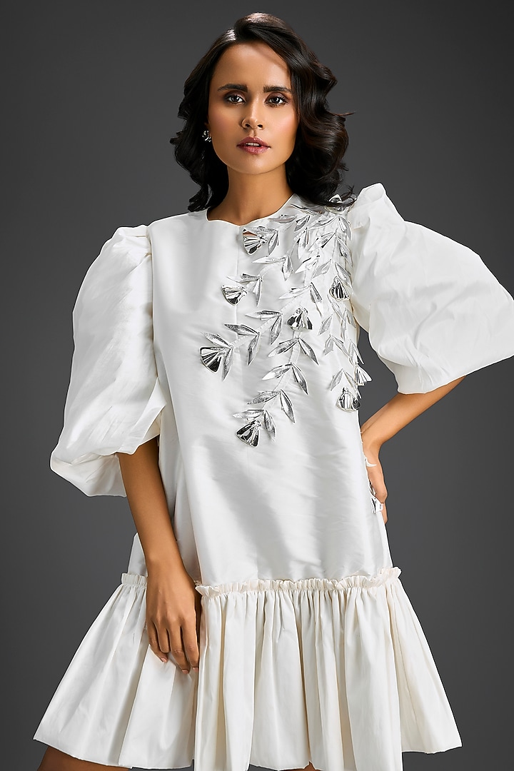 White Cotton Floral Embroidered Mini Ruffled Vacation Dress by Deepika Arora at Pernia's Pop Up Shop