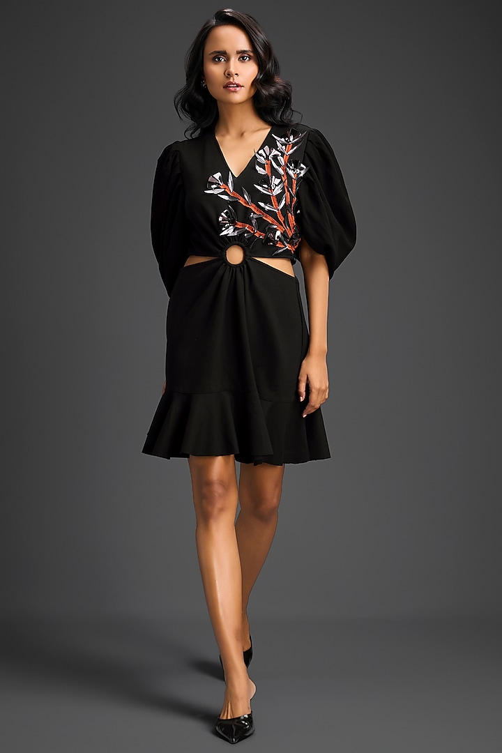 Black Cotton Floral Embroidered Cut-Out Summer Dress by Deepika Arora at Pernia's Pop Up Shop