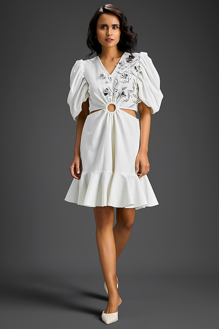 White Cotton Floral Embroidered Cut-Out Summer Dress by Deepika Arora at Pernia's Pop Up Shop
