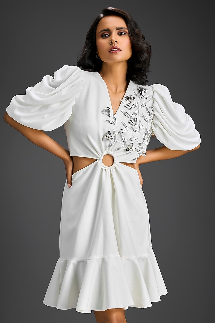 White Cotton Floral Embroidered Cut-Out Summer Dress by Deepika Arora at Pernia's Pop Up Shop