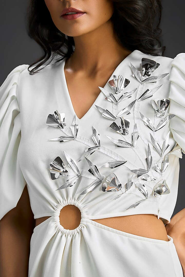 White Cotton Floral Embroidered Cut-Out Summer Dress by Deepika Arora at Pernia's Pop Up Shop