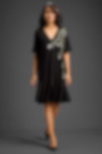 Black Cotton Floral Embroidered Mini Summer Dress by Deepika Arora at Pernia's Pop Up Shop