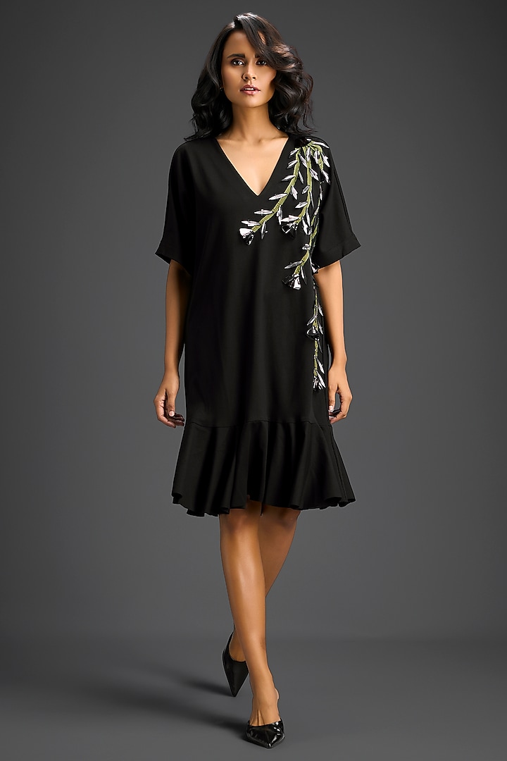 Black Cotton Floral Embroidered Mini Summer Dress by Deepika Arora at Pernia's Pop Up Shop
