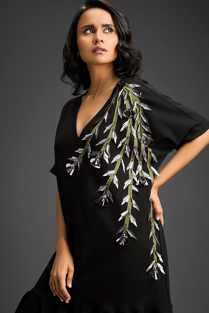 Black Cotton Floral Embroidered Mini Summer Dress by Deepika Arora at Pernia's Pop Up Shop