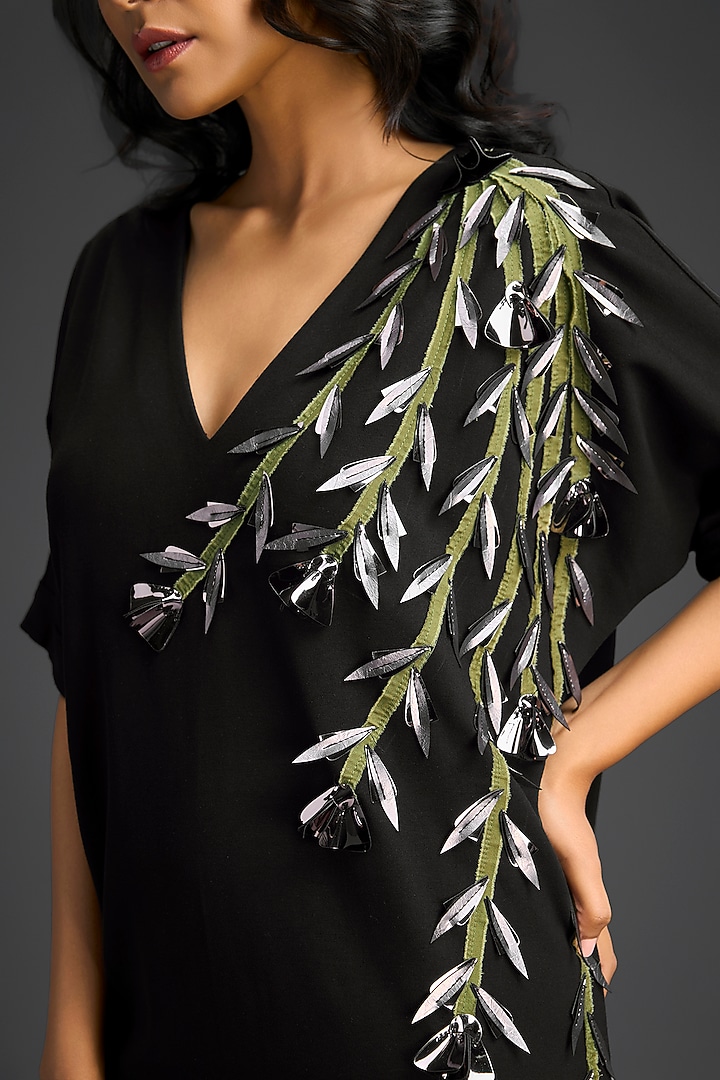 Black Cotton Floral Embroidered Mini Summer Dress by Deepika Arora at Pernia's Pop Up Shop