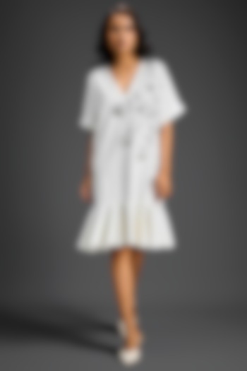 White Cotton Floral Embroidered Mini Summer Dress by Deepika Arora at Pernia's Pop Up Shop