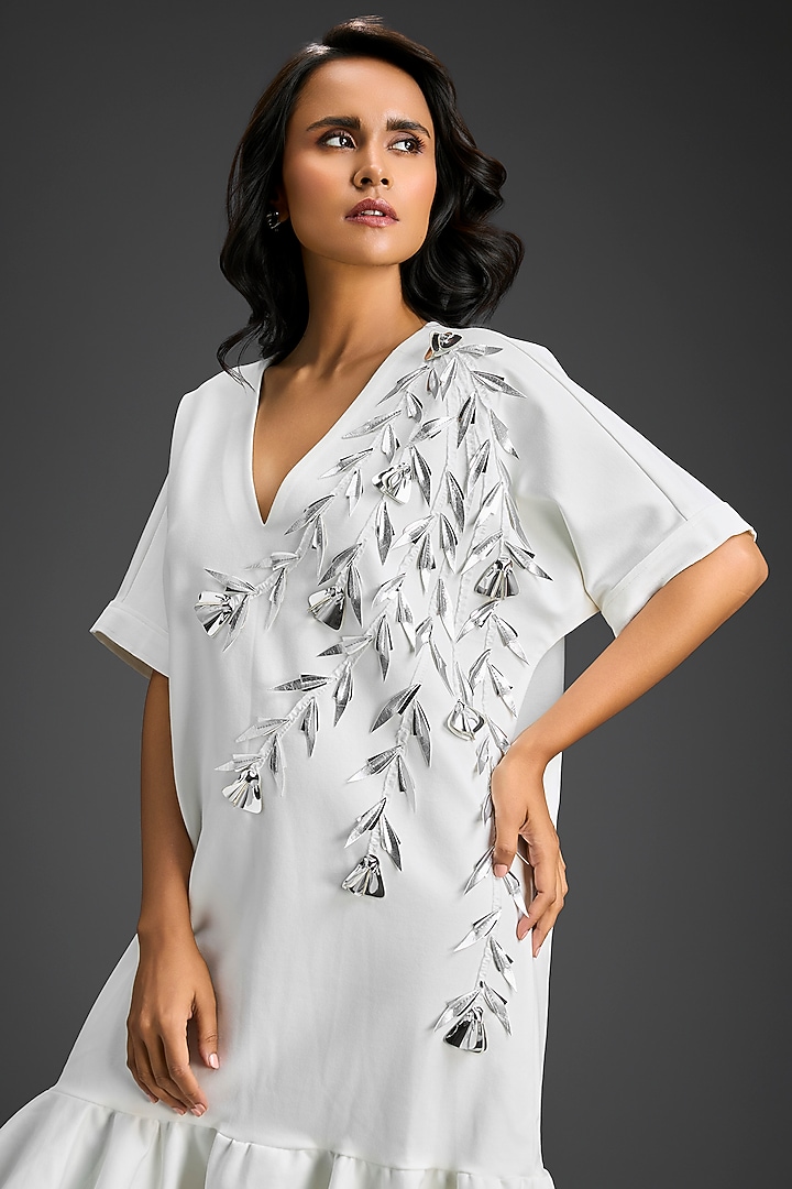 White Cotton Floral Embroidered Mini Summer Dress by Deepika Arora at Pernia's Pop Up Shop