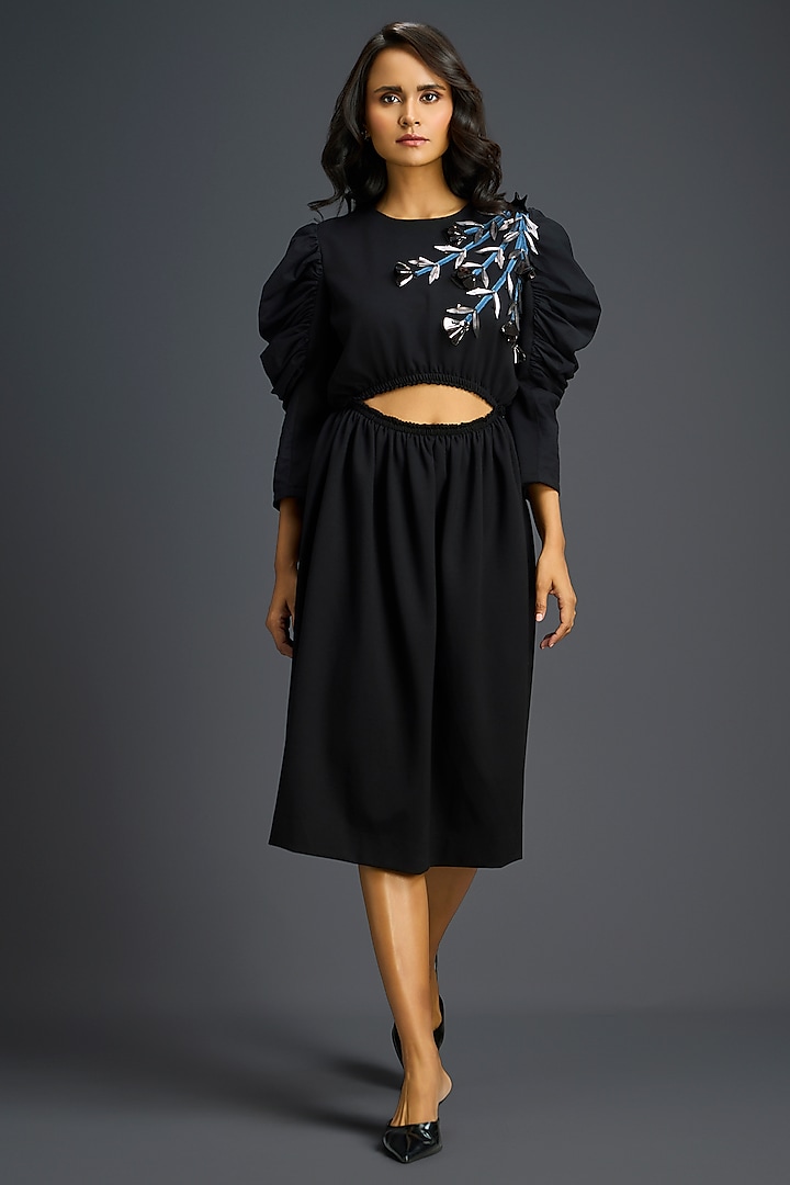 Black Ponte Roma Floral Embroidered Cut-Out Mini Summer Dress by Deepika Arora at Pernia's Pop Up Shop