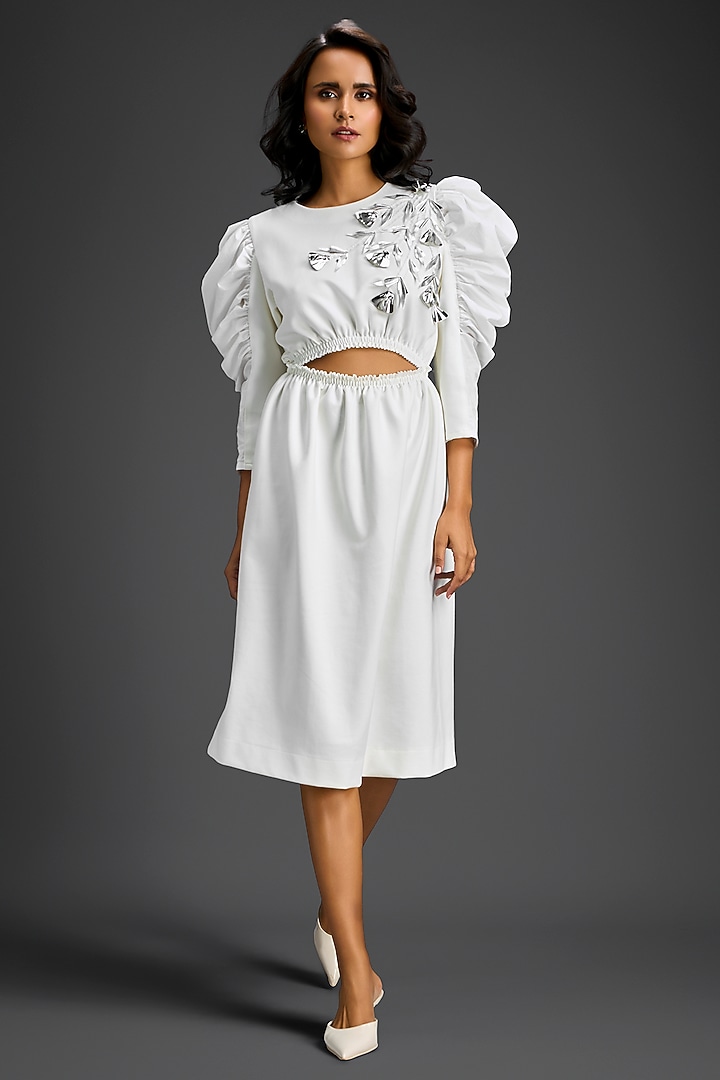 White Ponte Roma Floral Embroidered Cut-Out Mini Summer Dress by Deepika Arora at Pernia's Pop Up Shop